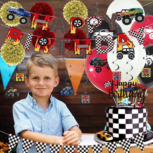 54 Pcs Monster Truck Birthday Supplies - Happy Birthday Banner Monster Truck Banner Checkered Triangle Bunting Flags, Pom Poms Flower, Hanging Swirls Truck Shape, Multicolor Balloons with Truck