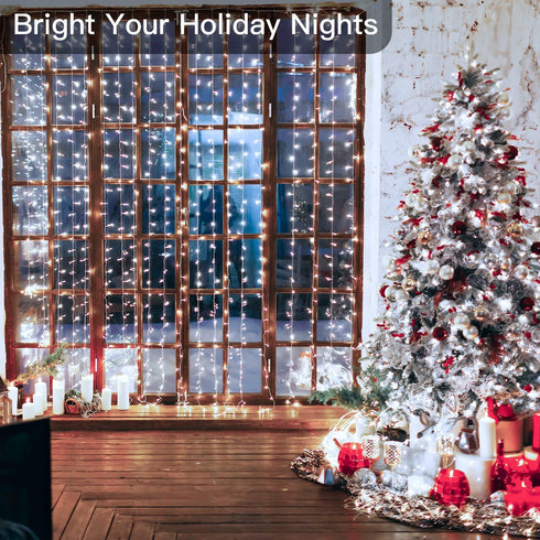 Ollny Curtain Lights Christmas Cool White 300 LED 9.8ftx9.8ft, Remote USB Powered 8 Lighting Modes Timer Waterproof Hanging Lights Indoor Outdoor for Xmas Thanksgiving Wedding Party Patio Decorations