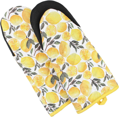 Sage+Stitch Heat Resistant Designer Kitchen Oven Mitts with Neoprene Non-Slip Grips and Hanging Loops | Set of 2 100% Cotton Long Sleeve Kitchen Oven Mitts | 5.5" x 12" | Yellow Lemons