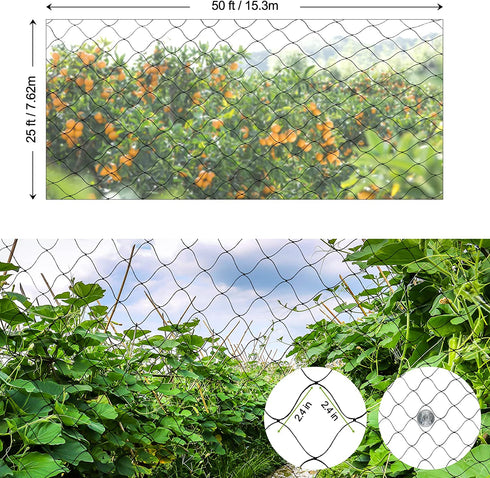boknight Bird Netting for Garden, 25 X 50 feet Net Netting for Bird Poultry Aviary Heavy Duty Chicken Netting with Ropes& Cable Ties, 2.4 inch Square Mesh Size (25' x 50'-2.4'')