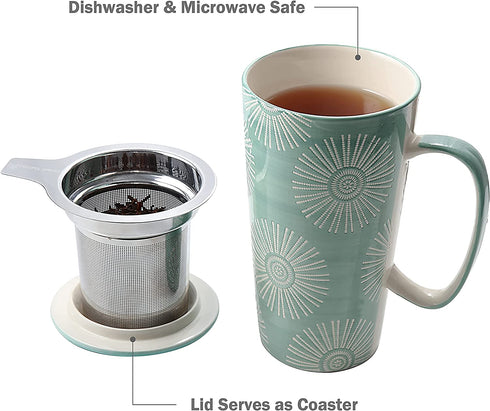 Taimei Teatime Ceramic Tea Cup with Infuser and Lid, 17-oz Large Mug, Tea Infuser Mug in British Rural Style with Handpainted Sunflower Pattern, Teal Blue