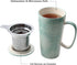 Taimei Teatime Ceramic Tea Cup with Infuser and Lid, 17-oz Large Mug, Tea Infuser Mug in British Rural Style with Handpainted Sunflower Pattern, Teal Blue