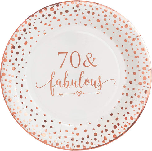 Crisky 70 Fabulous Disposable Plates for Women 70th Birthday Decorations Rose Gold Dessert, Buffet, Cake, Lunch, Dinner Disposable Plates 70th Birthday Party Table Supples, 50 Count, 9 inches