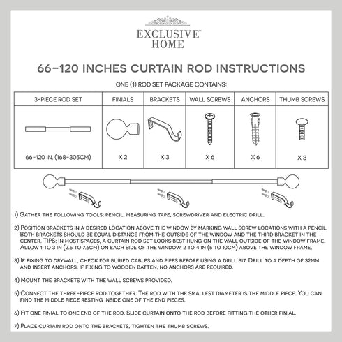 Exclusive Home Curtains ER1015-03 66120 Vine 1" Curtain Rod and Finial Set, 66"-120", Matte Black