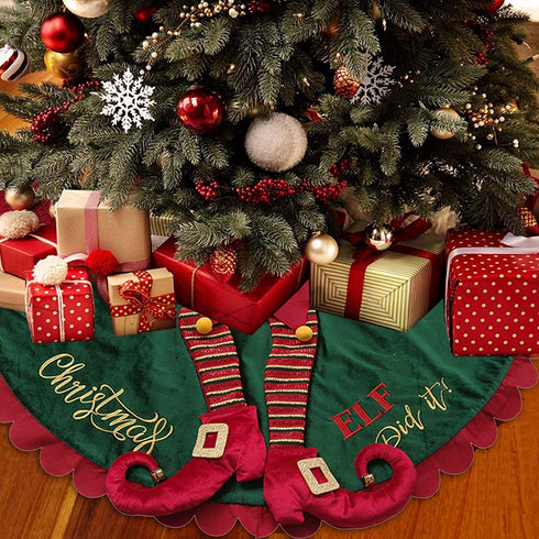 Christmas Tree Skirt 48 Inch,Large Embroidered Elf Padding Tree Collar with Striped Legs and Ripple Trim Border,Xmas Elf Themed Decoration,Christmas Tree Mat, Holiday Party Christmas Tree Decorations