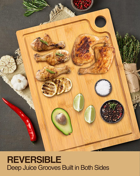 Bamboo Cutting Boards for Kitchen, (Set of 3) Kitchen Chopping Board with 3 Built-In Compartments and Juice Groove Heavy Duty Serving Tray Wood Butcher Block and Wooden Carving Board with Hole