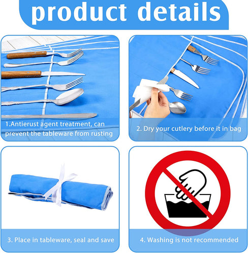 Silver Storage Bags Anti Tarnish Silver Protector Bags Blue Holder for Silverware Flatware Storage Organizer Silver Storage Cloth Place Setting Roll with White Ribbon for Teaspoon Utensils?4 Pieces?