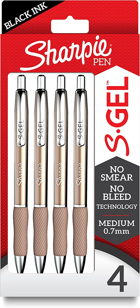 SHARPIE S-Gel, Gel Pens, Sleek Metal Barrel, Champagne, Medium Point (0.7mm), Black Ink, 4 Count