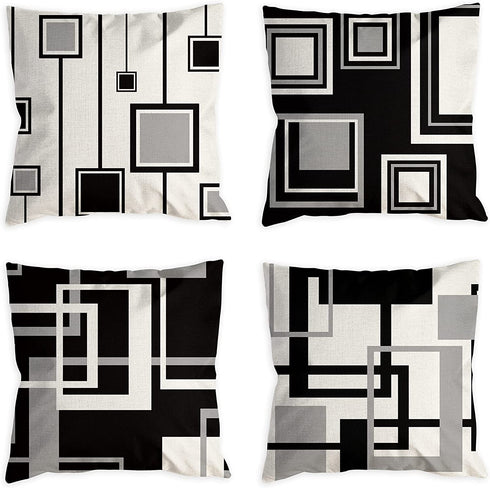 Black and White Throw Pillow Covers Silver Grey Modern Square Geometric Soft Decorative Throw pillows for Couch Bed Bedroom Sofa Set of 4 Outdoor Pillows for patio furniture 18 x 18 Inches.