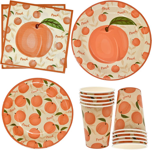 Peach Fruit Party Supplies Tableware Set Includes 24 9" Paper Plates 24 7" Plate 24 9 Oz Cups 50 Lunch Napkins for Sweet as Peaches Summer Tropical Themed Disposable Baby Shower Birthday Dinnerware