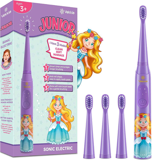 Vekkia Princess Kids Electric Toothbrush, 2 Minutes Timer for Age 3+, 4 Brush Heads, (Rechargeable)