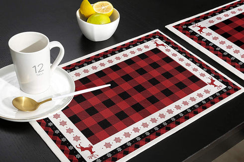T&H XHome Merry Christmas Cotton Linen Non-Slip Placemats for Dining Table,Christmas Elk Snowflakes on Buffalo Plaid Washable Table Mats Heat Resistant Stain Resistant Kitchen Table Placemat Set of 4