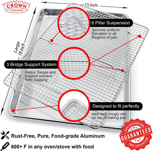 Crown Baking Sheet with Rack, Large 13x18 inch, Heavy Duty, Rust Free, Pure Aluminum Pan, Stainless Steel Rack
