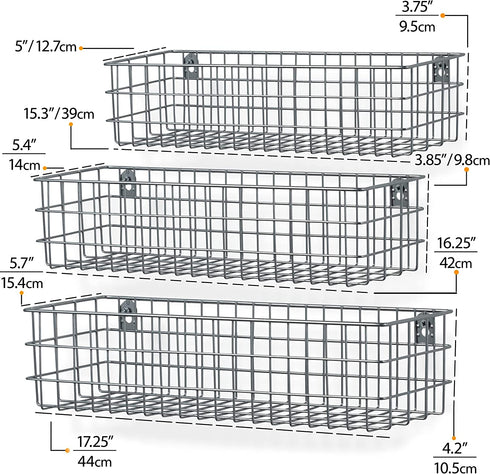 Wall35 Kansas Wall Mounted Metal Wire Baskets for Kitchen Pantry Organization and Storage, Varying Sizes Hanging Fruit Basket Set of 3 Gray