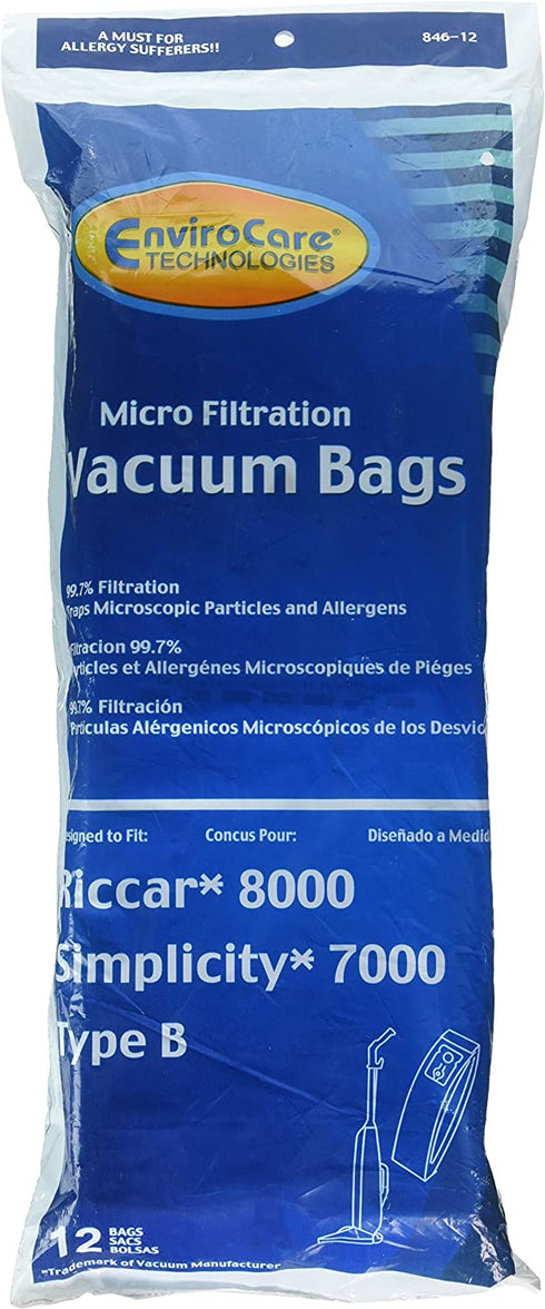 12 Riccar 8000 & Simplicity 7000 Type B Vaccum Bags, Upright, Commercial Vacuum Cleaners, 8000, 7000, 7200, 7250, 7300, 7350, 7700, 7750, 7900, 7950