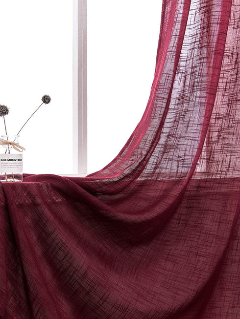AmHoo 2 Panels Linen Sheer Curtains Premium Heavy Semi Draperies with Grommet Top Drapes Voile Panels Window Treatment for Living Bedroom Room Burgundy 52 x 84 Inch