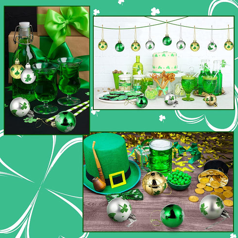 12 Pieces St. Patrick's Day Hanging Ornament Ball Green Shamrocks Plastic Ball Ornament 1.57 Inch Good Luck Clover Hat Balls Decorations Baubles with Hanging Rope for St. Patrick's Day Party Supplies