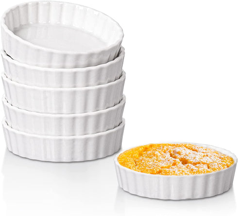 Dizada Quiche Pans Ramekins, 4 inch Mini Fluted Quiche Baking Dish Porcelain Tart Pan Baking Pans Perfect for Baking Small Tart Pies, Creme Brulee, Custard Dishes and Mini Cheesecake - Set of 6 (4 in)