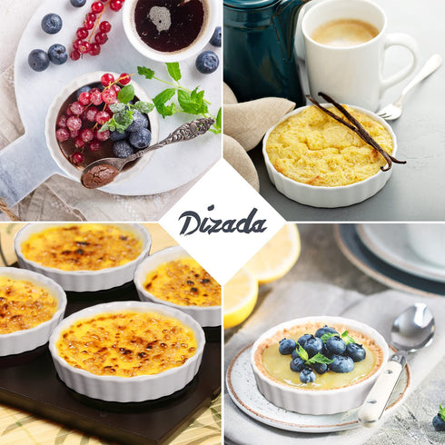 Dizada Quiche Pans Ramekins, 4 inch Mini Fluted Quiche Baking Dish Porcelain Tart Pan Baking Pans Perfect for Baking Small Tart Pies, Creme Brulee, Custard Dishes and Mini Cheesecake - Set of 6 (4 in)