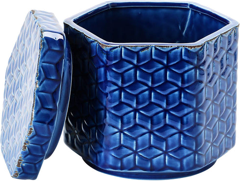 Creative Co-Op Debossed Decorative Stoneware Lid & Pattern, Distressed Crackle Glaze, Blue Jar