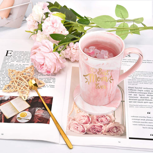 Best Mom Ever Mug Best Mom Gifts from Daughter Son Gifts for Mom Coffee Mug Mother's Day Birthday Gifts 14 Oz with Gift Box and Spoon Coaster Pink Marble Mom Mug