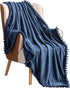 BT.WA Throw Blanket with Pompom Fringe Soft Cozy Flannel Blanket for Couch Sofa Bed Camping Travel Home Decor (Aegean Blue, 51"x63")