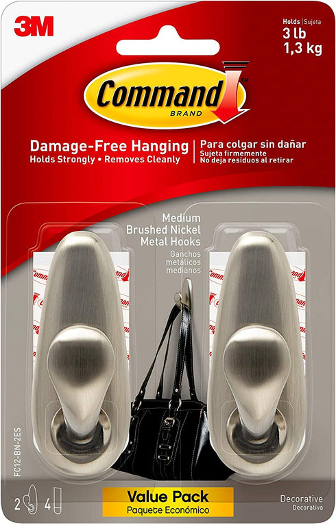Command Medium Forever Classic Metal Hook, Medium, Brushed Nickel, 2-Hooks,4 strips Decorate Damage-Free