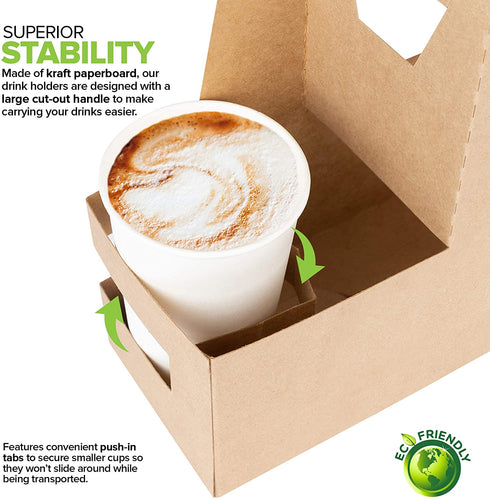 2 Cup Disposable Drink Carrier with Handle (25 Count) - Kraft Paperboard Cup Holder - Disposable Cup Holder for Hot or Cold Drinks - to Go Coffee Cup Holder for Food Delivery Service, Uber Eats