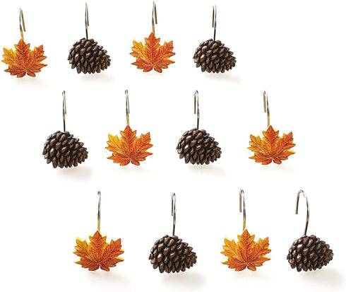 The Lakeside Collection Autumn Forest Shower Hooks with Pine Cones, Maple Leaves for Curtains - 12 Pcs.