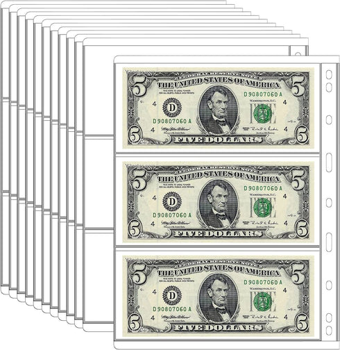 12 Sheets Paper Money Collection Supplies Pages, Currency Collecting Book Album Sleeves, 36 Pocket Money Stamp Page Holders for Standard 9-Hole Coin Collector Binder, 3 Pockets/Sheet