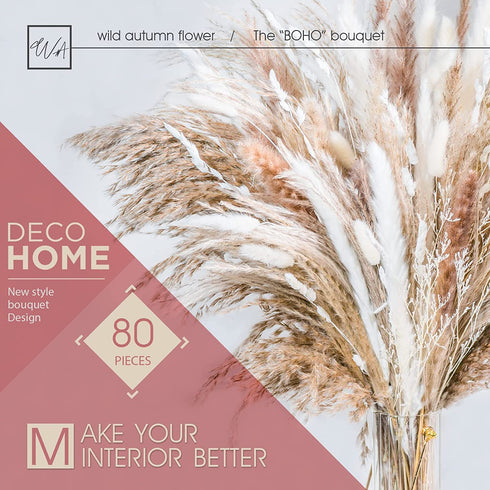 WILD AUTUMN 80PCS Natural Dried Pampas Grass Bouquet,Boho Home Decor Bouquet, Phragmites Dried Flowers,Bouquet for Wedding Floral Arrangements Home Decorations