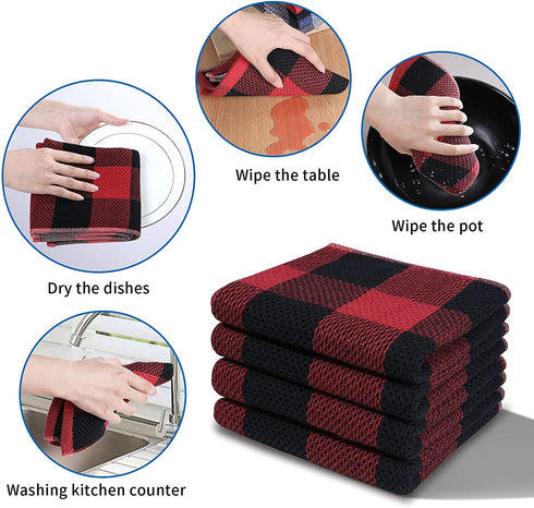 Mordimy 100% Cotton Waffle Weave Buffalo Plaid Kitchen Towels, 13 x 28 Inches, Super Soft and Absorbent Dish Towels for Drying Dishes, 4-Pack, Black & Red