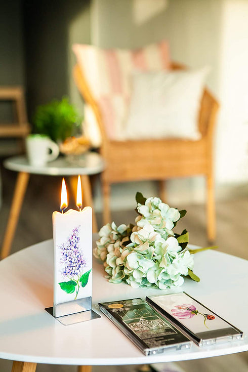 Flatyz Hand Painted Flat Candle| Unscented, Dripless, Smokeless, Decorative | Purple Lilac | Double Wick with Metal Base | Unique Gift Idea and Home Décor Accent