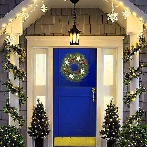 ANGELEMM Pre-lit Christmas Wreaths for Front Door ,Build in Hook, Battery Operated Christmas Wreath Decorative Hanging Ornament, Artificial Door Wreath Clear LED Lights(16 Inch)