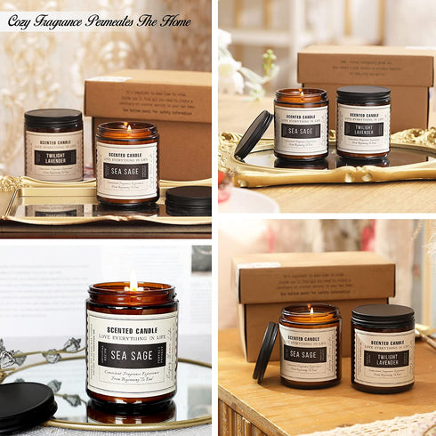 Sage Candles, Scented Candle Gifts for Women, 2 Pack 14.4 Oz Soy Candle Set, Lavender Candle & Sage Candle Set, Scented Candles for Cleansing, Candle Gift Set for Women with Amber Glass