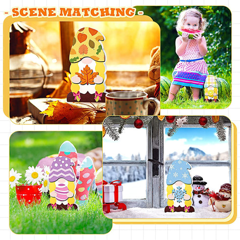DIY Wooden Interchangeable Gnome Sign with 24 Pieces Detachable Wood Patches Seasonal Craft Chunky Gnome Interchangeable Cutouts Decoration for Fall Thanksgiving Home Table Shelf Holiday Decoration