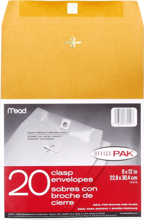 Mead Letter Size Mailing Envelopes, Clasp Closure, All-Purpose 24-lb Paper, 9" X 12", Brown Kraft Material, 20/Pack (76020)