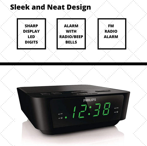PHILIPS Digital Alarm Clock Radio for Bedroom FM Radio, LED Display, Easy Snooze, Sleep Timer, Battery Back up (Batteries Sold Seperately)