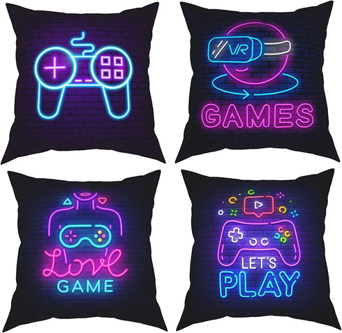 ZFYIPOK Gamer Throw Pillow Case, 18x18 Pillow Cover Set of 4 Video Game Neon Sign Square Case Decorative Cushion Home Sofa Chair Car for Boys Bedroom Playroom - Pink Purple (Retro Game Neon)