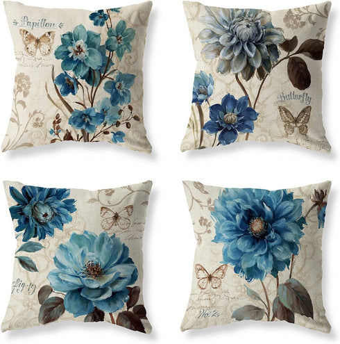 Set of 4 Farmhouse Blue Flower Throw Pillow Covers 18x18 Inch Orchid Butterfly Cotton Linen Floral Cushion Case Outdoor Sofa Throw Pillows Cover for Couch Living Room Bed Indoors Home Decor