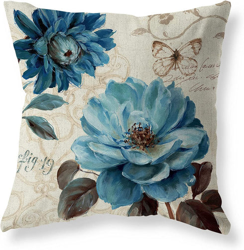 Set of 4 Farmhouse Blue Flower Throw Pillow Covers 18x18 Inch Orchid Butterfly Cotton Linen Floral Cushion Case Outdoor Sofa Throw Pillows Cover for Couch Living Room Bed Indoors Home Decor