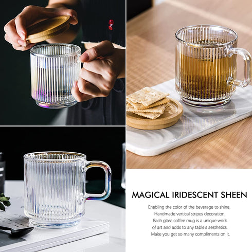 Glass Mugs, Iridescent Glass Coffee Mug with Lid, Glass Coffee Cups, Extra Large Glass Coffee Mug with lids, Clear Mugs for Coffee,12.5 Ounces, Bamboo Lid