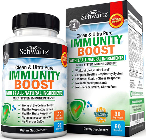 Immune Support Supplement with Vitamin C 1000mg Zinc Elderberry Ginger Beta Carotenes, Immunity Boost for Adults, Natural Immune Defense Antioxidant Vitamins by BioSchwartz, 90 Capsules