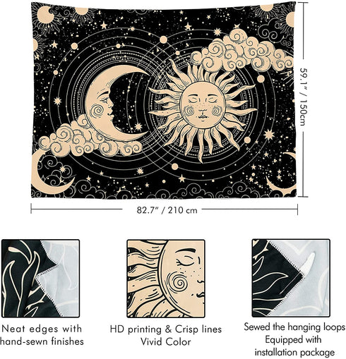 Sun and Moon Tapestry Aesthetic Sun Moon Tapestry Black Dark Spiritual Tapestries Wall Hanging Room Decor for Bedroom, Livingroom(59"x82", Moon and Sun)