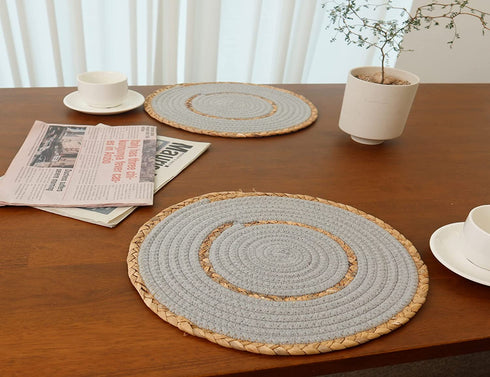 LEVIMETREE Rattan Placemats Set of 4, Natural Cotton and Rattan Woven Coasters, 11.8-inch Round Placemats for Dining Table, Kitchen, Heat Resistant Thick Rattan Chargers, Fall Place Mat Grey Placemats