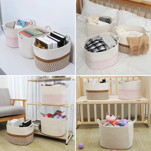 ABenkle Medium Rope Storage Basket, Soft Cotton Woven Baby Girl Basket, Rectangle Baskets Shelves Closet Organizer for Cloth, Toys, Diapers, Decorative Organizing Baskets for Nursery