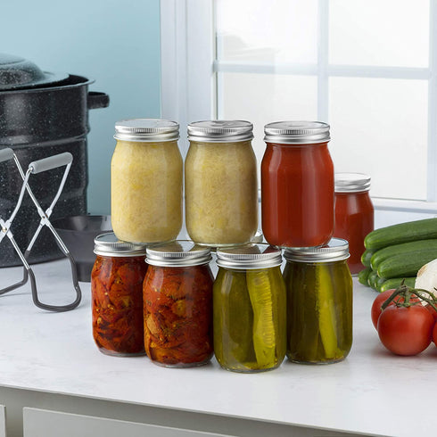 Glass Regular Mouth Mason Jars, (12 Pack) Glass Jars with Silver Metal Airtight 1 Piece Lids for Meal Prep, Food Storage, Canning, Drinking, Overnight Oats, Jelly, Dry Food, Salads, Yogurt (16 Ounce)
