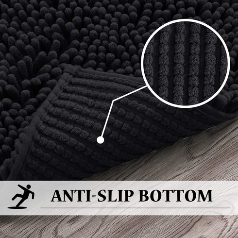 Bath Rug for Bathroom 20x32 Non Slip Bathroom Rug Water Absorbent Washable Rug Mat for Indoor Extrance Feature Extra Thick Bouncy Fluffy Chenille, Black - 20" x 32"