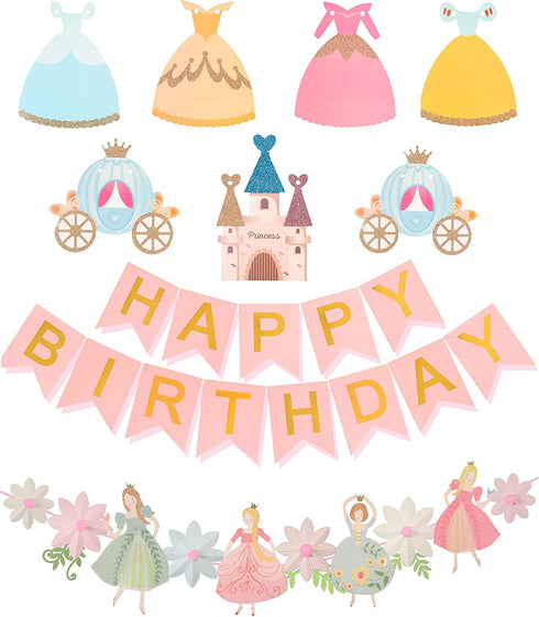 Princess Birthday Decoration | Princess Birthday Banner | Pink Happy Birthday Banner | Pink and Gold Birthday Party Decorations | Princess & Flower shape birthday party banner | Princess Home & Cab s