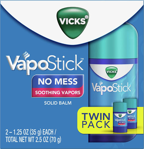 Vicks VapoStick, Solid Balm, No Mess, Comforting Non-Medicated Vicks Vapors, Easy-To-Use No-Touch Applicator, Quick Dry, Lightweight Skin Feel, From The Makers of Vicks VapoRub, 1.25oz x 2 (Twin Pack)